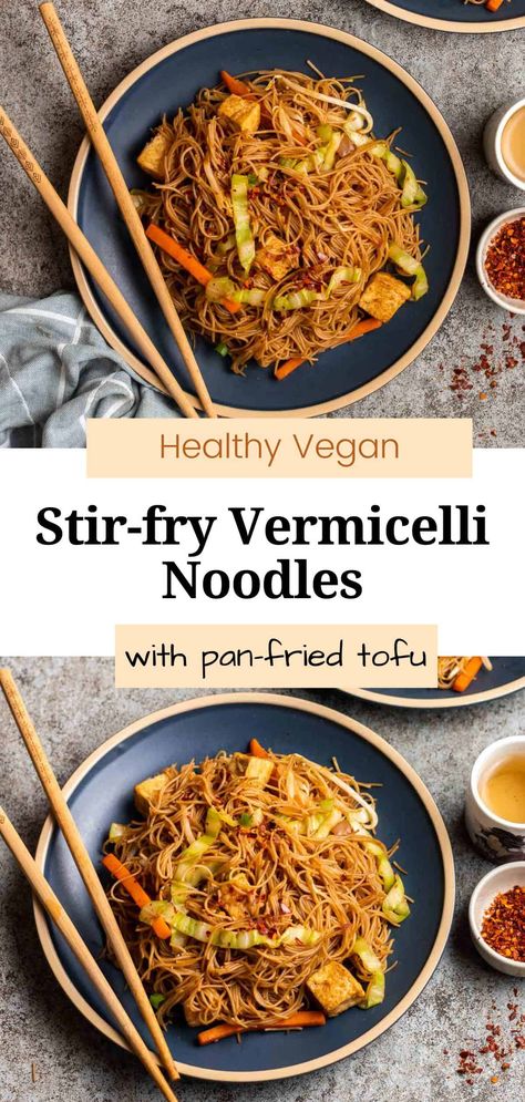 This Chinese-inspired stir-fry rice vermicelli noodle is packed with flavors, filling, and incredibly satisfying. A quick one-pan meal that is fuss-free and ready in 30 minutes. This fried bee hoon is also healthy and packed with colorful veggies! Angel Hair Vermicelli Rice Noodles, Vermicelli Tofu Recipes, Vegan Rice Vermicelli Recipes, Tofu Vermicelli Recipes, Tofu Vermicelli Bowl, Vermicelli Recipes Vegan, Vermicelli Noodles Recipes Stir Fry, Vermicelli Noodles Recipes Vegetarian, Vermicelli Recipes Vegetarian