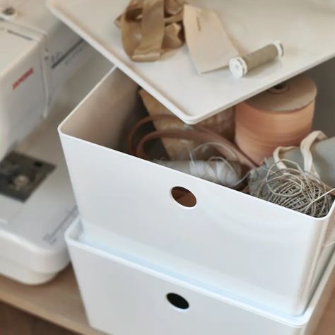 KUGGIS Box with lid, white - Buy online or in-store - IKEA Kuggis Ikea, Airy Office, Boxes For Shelves, Hiding Cat Litter Box, Hobby Organization, Ikea Uk, White Storage Box, Kitchen Bins, Stackable Storage Boxes