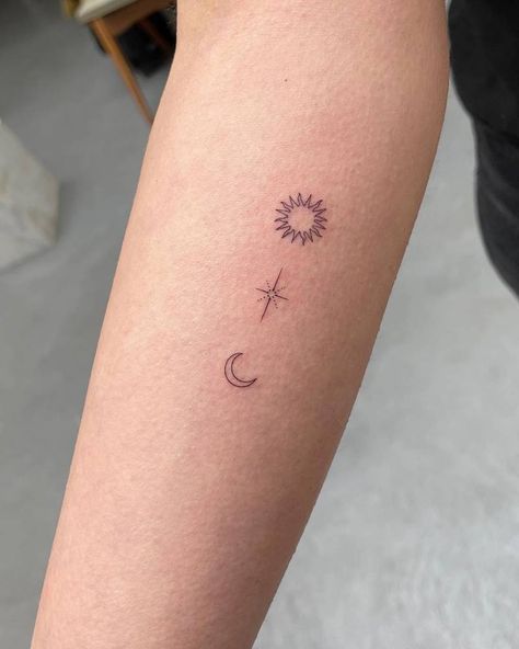 Minimalist sun, moon and star tattoo on the inner Sun Moon And Star Tattoo, Moon And Star Tattoo, Star Tattoo Ideas, Moon Star Tattoo, Tattoo Sonne, Star Tattoo Designs, Moon Tattoo Designs, Star Tattoo, Sun Tattoos