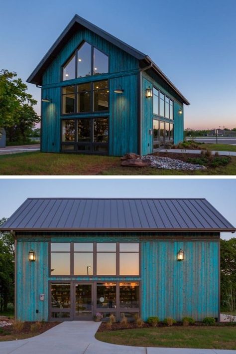 but with overhang on each long side of the building and no side windows or entrance- just the large floor to ceiling windows along the front entrance Barn Office, Barn House Kits, Barn Houses, Barn Kits, Barn Living, Pole Barn House Plans, Best Barns, Modern Barn House, Farmhouse Barndominium