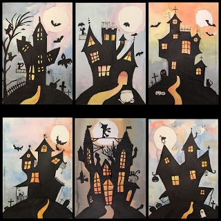 Haunted House Halloween Drawings Step By Step, Halloween Art Lessons, Haunted House Drawing, Haunted House Craft, Halloween Art Projects, October Art, Middle School Art Projects, Halloween Kunst, Fall Art Projects