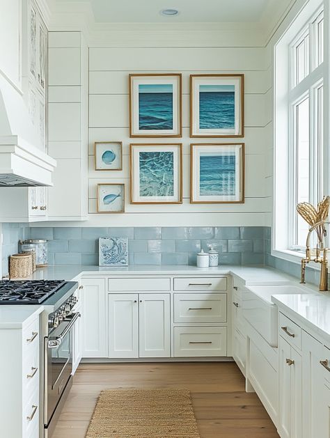 u1942658271_A_coastal_kitchen_with_a_gallery_wall_featuring_o_a12f03b3-4780-45cd-ae3f-1936dc62a35d_0 Coastal Apartment Kitchen, Small Coastal Kitchens, White Cabinets With Blue Backsplash, Costal Kitchen Decor, Classic Coastal Kitchen, Coastal Kitchen Blue, Beach House Kitchen Ideas, Beach House Backsplash, Condo Layout