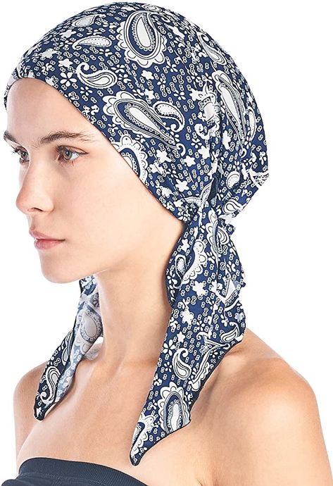 Ashford & Brooks Women's Pretied Printed Fitted Headscarf Chemo Bandana - Black White Damask at Amazon Women’s Clothing store Sleep Hair, Chemo Head Scarf, Sleep Hairstyles, White Damask, Chemo Hat, Hair Cover, Chunky Knit Blanket, Dress Gloves, Pink Paisley