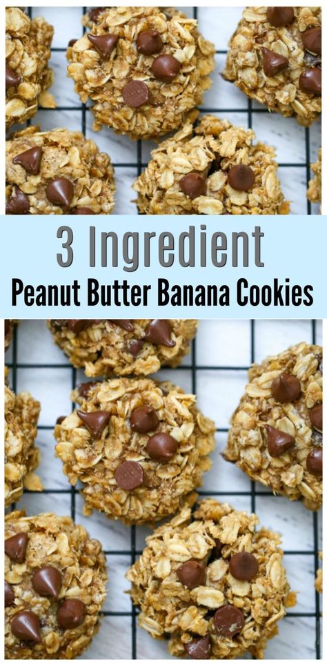 Banana Cookies 3 Ingredient, Peanut Butter Banana Oats, Peanut Butter Banana Cookies, Easy Vegan Cookies, 3 Ingredient Cookies, Peanut Butter Oats, Banana Oatmeal Cookies, Peanut Butter Chocolate Chip Cookies, Banana Cookies