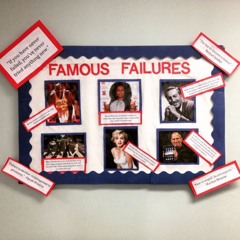 Famous Failures Bulletin Board Dorm Bulletin Boards, Kindness Wall, College Theme, Famous Failures, High School Bulletin Boards, Becoming An Entrepreneur, College Bulletin Boards, Beach In Mexico, Ra Bulletin Boards