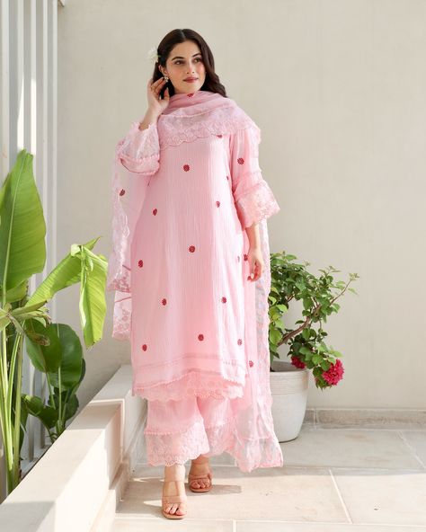 The wait is finally over! Our first festive edition for this year has been launched. Don't hesitate, grab it now! The stunning Blush Blossom Collection is now available. Product name:- Floral Elegance Pink Cotton Gauze Kurta Set with Kota Doriya Dupatta shop from www.asrumo.com (asrumoindia, fashion, indianwear, casualwear, stylish, coordset, madeinindia) #suitset #womenfashion #partywear #muslinkurta #embriodery #kurtaset #accessories #clothing #instagood #instagram #shoppoholic #designe... Wedding Wear Pakistani, Elegant Prints, Long Tunic Dress, Festive Wedding, Stylish Pants, Ethnic Dress, Intricate Embroidery, Long Tunic, Wedding Wear