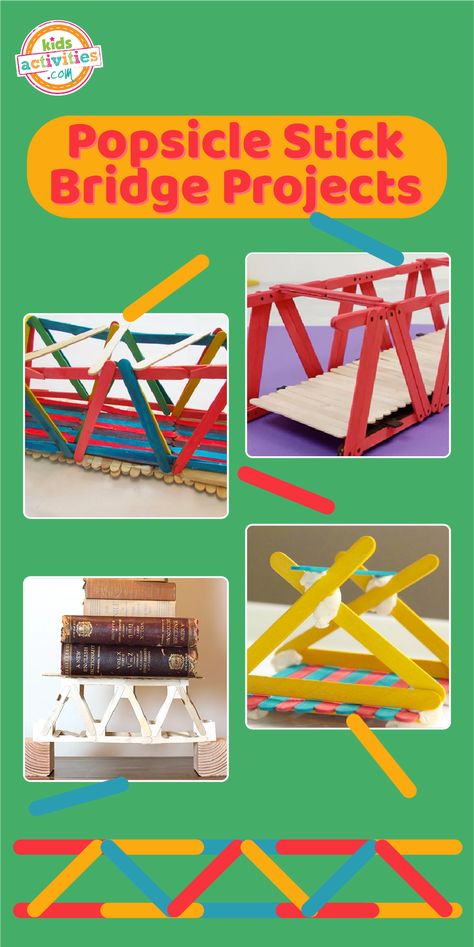 Building Bridges Stem For Kids, Popsicle Bridge Projects, Bridge Building Stem Activities, Stick Bridge Projects, Popsicle Stick Bridge Projects, Popsicle Bridge, Bridge Craft, Popsicle Stick Bridges, Building Bridge