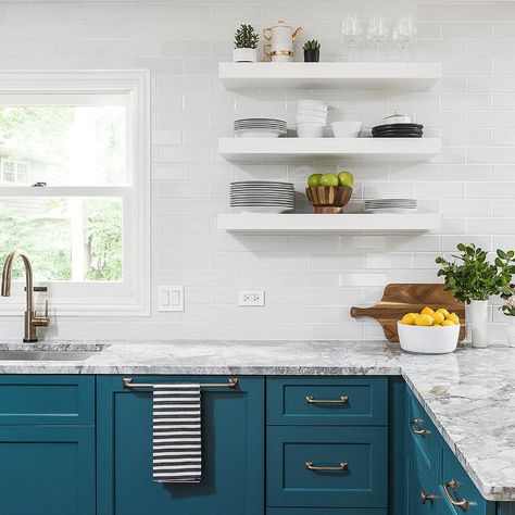 Peacock Blue Kitchen, Gray Marble Countertops, Blue Shelves, Blue Kitchen Cabinets, Cabinet Door Styles, Oak Kitchen Cabinets, White Subway Tiles, Kitchen Cabinet Door, Blue Cabinets