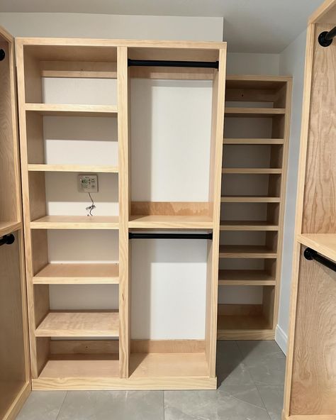 This master bedroom walk-in closet just got a complete makeover. ✨ Check out my latest custom closet system build. With plenty of rods to hang clothes, lots of shelving space and two dedicated shoe shelving units. This closet system was built to utilize every possible space. #closetsystem #closetshelving #closetorganization #closetbuild #organization #closets #wood #woodworking #maker #yesicanbuildthat Custom Built In Closet Bedroom, Shelving Ideas For Closet, Diy Bookcase Closet Ideas, Perfume Closet Shelves, Closet Wood Shelves, Built In Closet Ideas, Reach In Closet Ideas, Building Shelves In Closet, Closet Rebuild