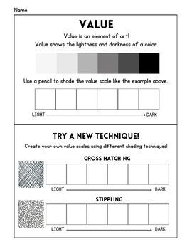 Use this worksheet to teach value and shading techniques in middle school or high school art classes. This is a great introductory activity for any drawing project or as a mini art lesson! Value Shading Art Projects, Middle School Shading Projects, Shading Worksheets Art, Teaching Value In Art, Art Class Ideas High School, High School Art Projects Lesson Plans, Value Art Drawing, Drawing Lessons High School, Shading Lesson