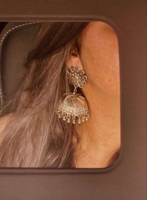 Jhumkas Aesthetic Instagram Story, Aesthetic Earring Pics, Desi Aesthetic Jhumka, Jumka Asethic, Desi Earrings Aesthetic, Silver Jhumka Aesthetic, Indian Jhumka Aesthetic, Jhumkas Aesthetic Captions, Traditional Aesthetic Pics