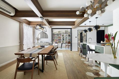 Check out this Modern-style Condo Dining Room and other similar styles on Qanvast. Mark Douglas, Timber Floor, Timber Battens, Recycled Brick, Timber Ceiling, Double Sided Fireplace, Floor Kitchen, Landscape Designer, Mid Century Architecture