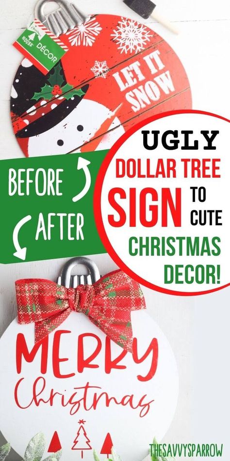 Looking for easy DIY Christmas signs to make and sell or keep for your own DIY Christmas decor? These cute round wood DIY holiday signs are so easy to make using an upcycled Dollar Tree ornament sign. Simply paint it and use your Cricut or hand stencil with carbon paper... super easy to do! Makes awesome DIY farmhouse Christmas signs to sell at craft fairs, too, because they're so cheap to make! Dollar Tree Christmas Signs Makeover, Dollar Tree Christmas Signs, Dollar Tree Christmas Wood Signs Diy, Dollar Tree Christmas Signs Diy, Wood Christmas Signs Diy, Diy Christmas Door Hangers, Diy Christmas Signs, Christmas Round Wood Signs, Christmas Wall Decor Diy