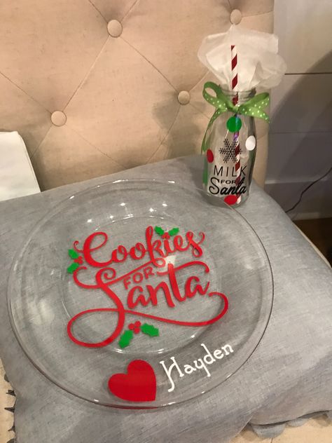 DIY Santa cookie plate and milk glass with vinyl. Cookies and milk for Santa Diy Milk And Cookies For Santa, Cricut Santa Cookie Plate, Vinyl Cookies, Diy Santa Cookie Plate, Santa Plates, Cookies And Milk For Santa, Santa Cookie Plate, Milk And Cookies For Santa, Monogram Plates