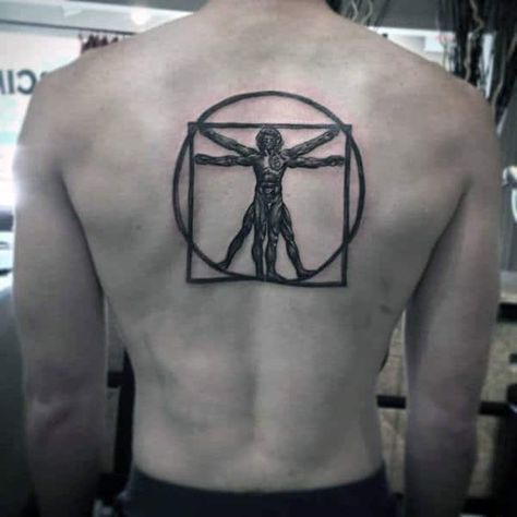 50 Vitruvian Man Tattoo Designs For Men - Da Vinci Ink Ideas Man Back Tattoo, Vitruvian Man Tattoo, Back Tattoo Women Upper, Tattoo Chart, Evolution Tattoo, Man Back, Cool Back Tattoos, Upper Back Tattoos, Wolf Tattoo Sleeve