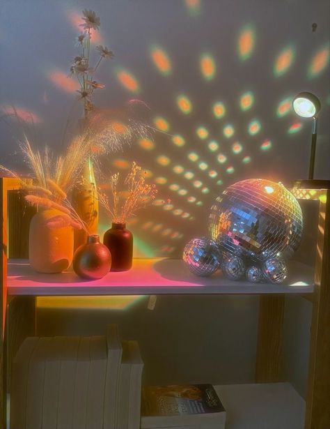 Rooms With Sunset Lamps, Disco Ball Living Room Aesthetic, Disco Themed Apartment, Room Lamps Aesthetic, Mini Disco Ball Chandelier, Pink Disco Ball Background, Disco Ball For Bedroom, Sunset Lamp Dorm Room, Disco Aesthetic Room Decor