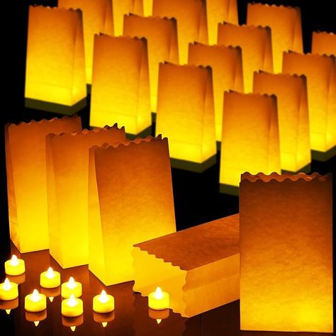 Amazon.com: 50 Sets Luminaries Bag with Candles Include 50 Flameless LED Tea Lights LED Tealight Candles and 50 Luminary Bags for Christmas Thanksgiving Halloween Wedding Festival Party (White, Simple) : Tools & Home Improvement Luminary Bags Diy, Luminary Bags, Luminaries Bags, Led Tea Lights, Tealight Candles, Flameless Candles, Lights Led, Halloween Wedding, Festival Wedding