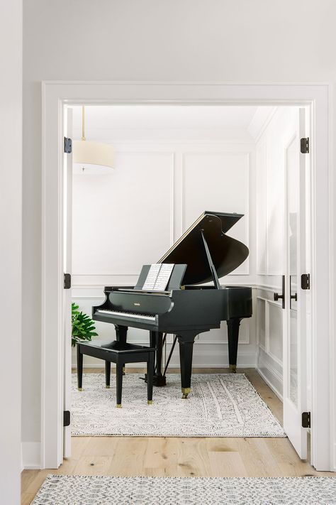 Piano Room and wainscoting Light Filled Home, Piano In Study Room, Grand Piano Interior Design, Grand Piano Music Room, Baby Grand Piano Room, Baby Grand Piano In Living Room, Piano Interior Design, Piano Room Design, Grand Piano Living Room