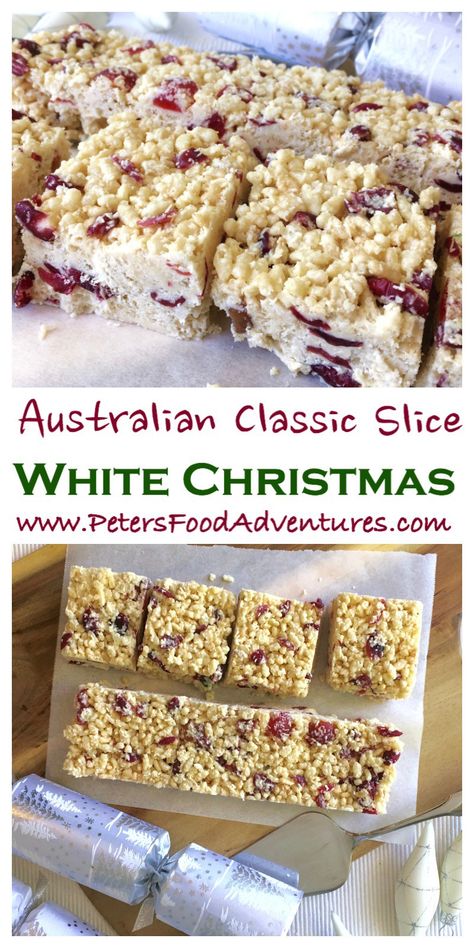 An Australian Christmas favourite, easy to make, loved by kids and grown ups. Perfect for the holidays! Made with Crisco/Copha or virgin coconut oil, dried cranberries, Rice Krispies and white chocolate - White Christmas Slice Recipe Christmas Sweets Easy, Christmas Slice, Aussie Recipes, Christmas Sweets Recipes, Australian Recipes, Australian Desserts, Slice Recipes, Psalms 23, Xmas Baking