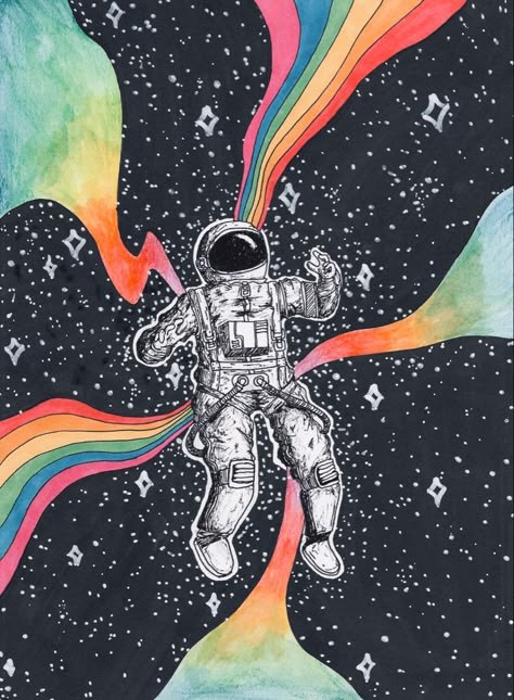 Space Art Simple, Science Paintings, Rainbow Astronaut, Outer Space Drawing, Astronaut Tattoo, Trippy Drawings, Space Drawings, Floating In Space, Magazine Clippings