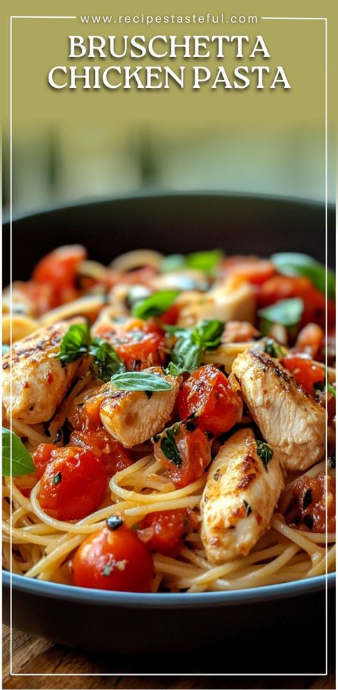 A vibrant and comforting dish that combines tender chicken, fresh tomatoes, and basil with pasta, all drizzled with balsamic vinegar for a delightful flavor. Tomato Basil Chicken Pasta, Chicken Basil Pasta, Classic Bruschetta, Pasta For Dinner, Bruschetta Chicken Pasta, Tomato Basil Chicken, Chicken With Italian Seasoning, Tomato Basil Pasta, Cherry Tomato Pasta