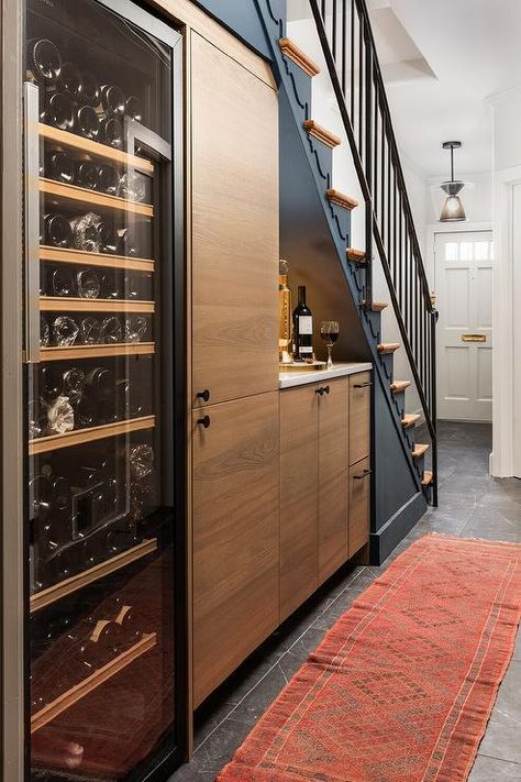 Hidden Wine Cellar, Bar With Wine Cooler, Under Staircase Storage, Tall Wine Fridge, Bar Under Stairs, Under Staircase, Under Stairs Wine Cellar, تحت الدرج, Bar Casa