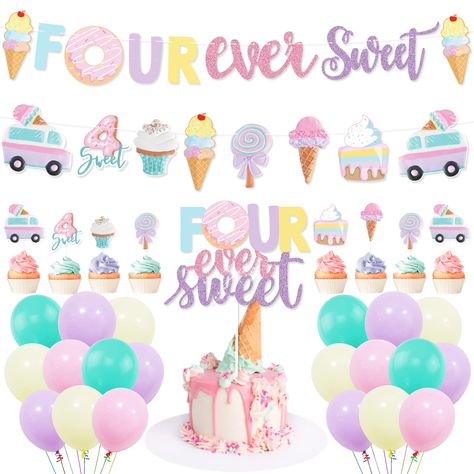 PRICES MAY VARY. 🍦🍧🍨【What Little Girl Doesn't Love Ice Cream?】Kawaii Ice Cream Cone Themed Birthday Party that your child will be celebrating. Happy Birthday to that little sweetie in your life! Throw her an ice cream social/ice cream parlor party with lots of sweet treats for the little kiddos to indulge in! Set the tone for your adorable Ice Cream Party or Ice Cream Parlor with adorable Kawaii Ice Cream Party Supplies! 🍦🍧🍨【Four Ever Sweet Birthday Decorations】These ice cream and donut bi Four Ever Sweet, Donut Birthday Party Decorations, Ice Cream Parlor Party, Ice Cream Party Theme, 4th Birthday Party, 5th Birthday Party Ideas, Donut Birthday Parties, Ice Cream Birthday Party, Ice Cream Theme