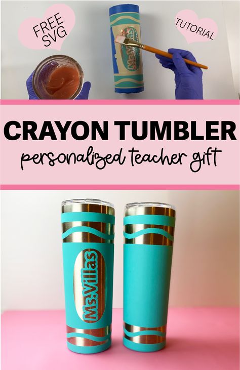 Personalized tumbler made to look like a crayon. Used for teacher appreciation gifts or kids water bottle. Made using a Cricut and Citristrip. Can Tumbler Ideas, Personalized Tumblers Diy, Cricut Projects Teacher Gifts, Diy Water Bottle Design, Water Bottle Vinyl, How To Make Personalized Tumblers, Teachers Cups, Water Bottle Decals, Teacher Appreciation Gifts Diy Cricut