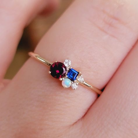 "Gemstone Ring, Cluster Diamond Ring, Cluster Gemstones Ring, Personalized Ring, Birthstone Ring, 3.5mm Garnet , Emerald  Ring, Multicolor  Ring, Personalized Gift   ♥ Features : * Made to Order. * Made in NYC. * Gold: Solid 14K( Also available in18K)  *Width of band: 1.3mm * Choice of Gold:  Yellow Gold, White Gold or Rose Gold * Gem Stone:  Blue Sapphire, Emerald, Ruby, and Mined  Diamond  (could be customized in any gemstone color of your choice ) * Stones details: * 3 PCS Round Diamonds 1.5m Garnet And Sapphire Ring, Square Gem Ring, Multiple Gemstone Rings, Sapphire And Ruby Ring, Ruby And Sapphire Ring, Gems Ring, Cluster Diamond Ring, Unique Wedding Jewelry, Sapphire And Diamond Band