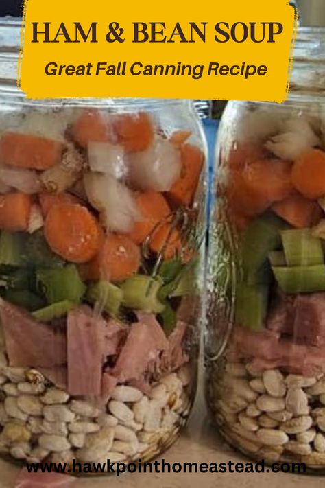 This easy recipe for canning delicious ham and bean soup is a great example of awesome things that you can preserve in jars and have on your shelf ready to eat. This simple recipe is very easy to make, just add ingredients to a jar and put in the pressure canner. It does not require cooking the beans, just some chopping up of the ham and vegetables. It is also a great way to use up that leftover holiday ham! Pressure Canned Ham And Bean Soup, Crock Pot Canning Recipes, Pressure Canning Cabbage Soup, Canning Navy Beans And Ham, Ham Canning Recipes, Pressure Canning Leftovers, Canning Leftover Ham, Soup For Canning Recipes, Canning Bean Soup Recipes