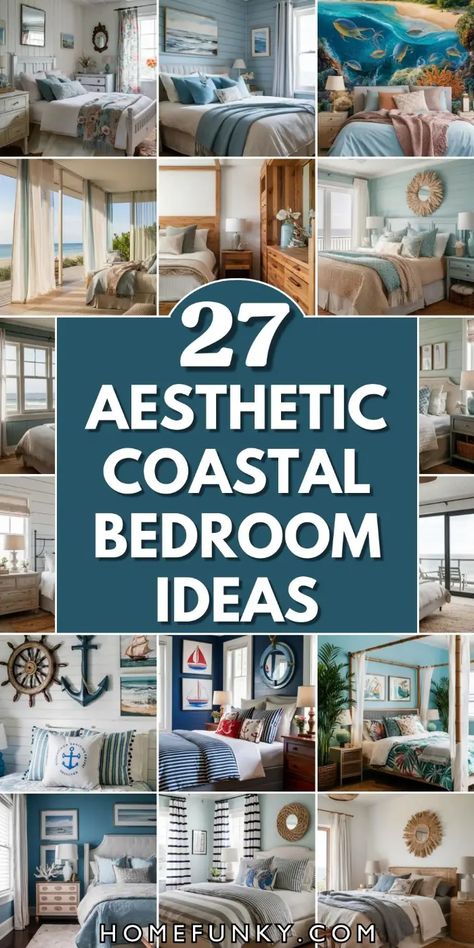 27 Coastal Bedroom Ideas for A Beach-Themed Oasis Beach Theme Guest Room, Beach Theme Bedroom Ideas Coastal Style, Navy Coastal Bedroom, Beach Bedroom Colors, Seaside Bedroom Ideas, Beach Decor Bedroom, Moana Room, Lakehouse Inspiration, Bedroom Coastal Style