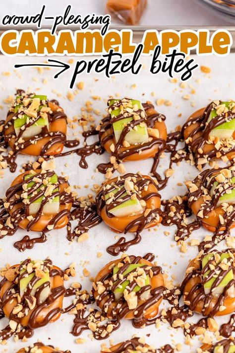 Easy Fall Treats: Caramel Apple Pretzel Bites Apple Caramel Pretzel Bites, Pretzel Apple Caramel, Thanksgiving Desserts Pretzels, Easy Finger Food Desserts Sweets, Apple Carmel Pretzel Bites, Thanksgiving Desserts Charcuterie, Carmel Apple Gifts, Salted Caramel Pretzels Recipe, Caramel Apple Bites Easy