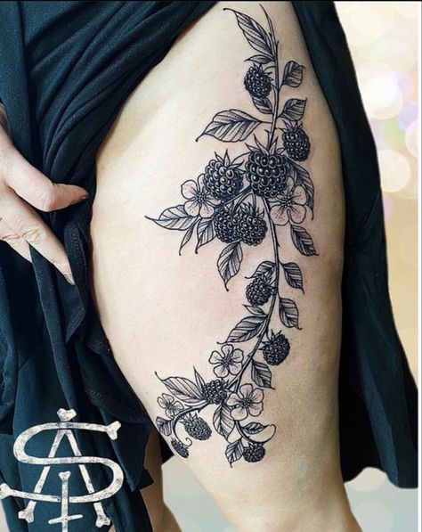 Floral Tattoo Band, Blackberry Tattoo Black And White, Blackberry Bramble Tattoo, Raspberry Branch Tattoo, Blackberry Branch Tattoo, Blackberry Vine Tattoo, Bramble Tattoo, Nature Themed Tattoos, Tattoo Sparrow