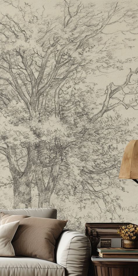 Vintage tree wallpaper with a detailed tree sketch, perfect for adding a touch of nature and sophistication to home decor. Available in peel and stick, self-adhesive or vinyl options. Oak Tree Mural, Fantasy Vintage, Tree Sketch, Tree Mural, Tree Sketches, Mural Wall, Vintage Tree, Tree Wallpaper, Mural Wall Art