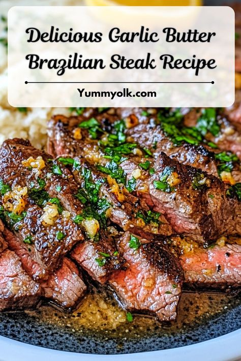 Master the art of steak with this Juicy Garlic Butter Brazilian Steak Recipe! 🌟🔥 Seared in a skillet and drizzled with a buttery garlic sauce, this dish is easy to make and tastes like it’s straight from a Brazilian steakhouse🍴✨ #GarlicButterSteak #BrazilianCuisine #SteakRecipe #HomemadeGourmet Brazilian Garlic Steak, Shell Steak Recipes, T Bone Recipes Steaks, Steaks In Skillet, Steak Iron Skillet, Brazilian Steak Recipe, Steak With Garlic Butter Sauce, Garlic Butter Skirt Steak, Best Steak Recipe Stove Top