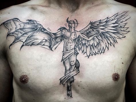 Rate This Good and Evil Powers Angel Tattoo 1 to 100 #tattoo #tattoos #smalltattoos #amazingtattoo #beautifultattoos #watercolorTattoo #InspirationalTattoos #ArtTattoo #NeonTattoo #CoolTattoos #TattooDrawings #BodyArtTattoo #Tattoo Sketches #FootTattoos #CelestialTattoo Good And Evil Angel Tattoo, Fallen Angel Chest Tattoo, Angel Demon Tattoo Men, Angel And Demon Chest Tattoo, Evil And Angel Tattoo, Angel And Demon Tattoo Men, Demon Angel Tattoo, Flying Angel Tattoo, Angle And Devil Tattoos