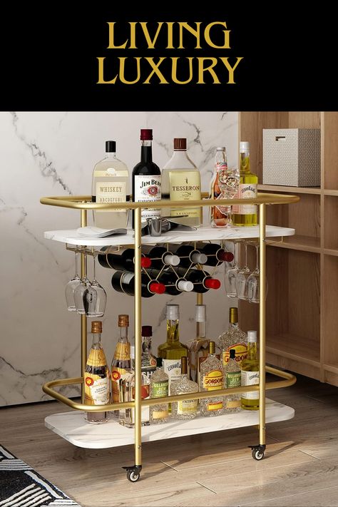 Drink Trolley Ideas, Whiskey Trolley, Wine Rack Modern, Drink Trolley, Wine Cart, Cart On Wheels, Beverage Bar, Gold Bar Cart, Kitchen Party