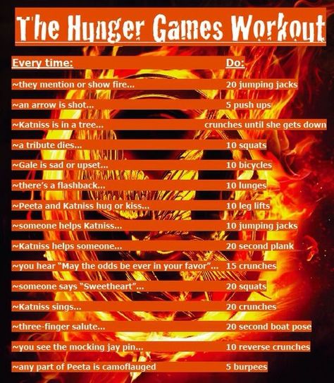 Tv Workout Challenge, Disney Movie Workouts, Hunger Games Workout, Disney Workout, Tv Show Workouts, Movies Ideas, Movie Workouts, Tv Workouts, Girl Movies