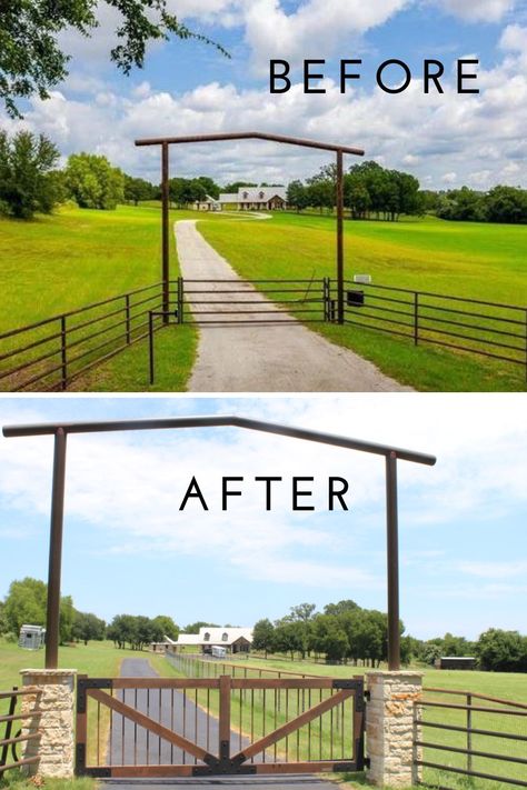 Ranch Style Driveway Entrance, Ranch Front Gate Entrance, Ranch Entrance Gates, Farm Gate Entrance Ideas, Cattle Gate Ideas Driveway Entrance, Ranch Driveway Entrance, Property Gates Entrance, Cedar Gates Entrance, Ranch Fence