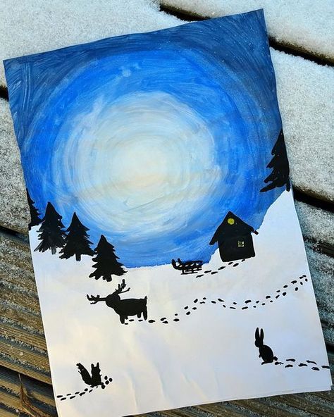 Winter Artwork For Kids, Elementary Winter Art Projects, Winter Painting For Kids, Winter Art Kids, The Snowy Day Art, Winter Art Ideas, Winter Painting Ideas, Hand Art Kids, Winter Artwork