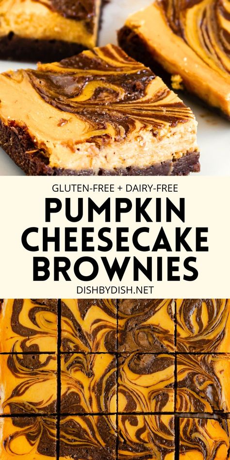 Collage of images of pumpkin cheesecake brownies Halloween Desserts Dairy Free, Dairy Free Pumpkin Cheesecake Bars, Gluten And Dairy Free Pumpkin Desserts, Dairy Free Gluten Free Pumpkin Recipes, Gluten Free Pumpkin Brownies, Gluten And Dairy Free Pumpkin Recipes, Dairy Free Fall Desserts, Dairy Free Thanksgiving Dessert, Dairy Free Halloween Dessert