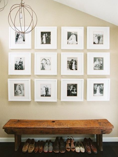 Wedding photo display but do 4x4 and incorporate a bigger square image as well as the camp nick sign! Photowall Ideas, Diy Entryway Bench, Liz Marie, Farmhouse Entryway, Diy Entryway, Design Sponge, Wall Gallery, Wall Display, Photo Displays