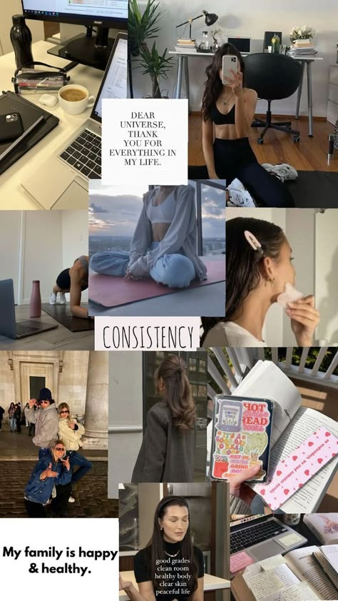 A vision board collage showing yoga, meditation, gratitude notes, healthy living, and family happiness. Family Vision Board, Healthy Affirmations, Gratitude Notes, Family Happiness, Yoga Images, Manifesting Vision Board, Life Motivation Inspiration, Dream Motivation, How To Get Motivated