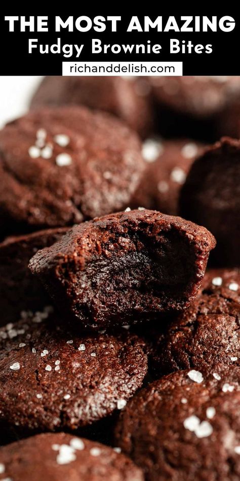 These brownie bites are moist, fudgy, and full of chocolate flavor! They are gooey in the center and have a crackly brownie-like top! Brownie Bits, Mini Brownie Cupcakes, Brownie Bites From Mix Boxes, Two Bite Brownie Recipe, Brownie Bites Recipe Minis, Mini Brownie Cheesecake Bites, Cheap Desserts For A Crowd, Brownie Mini Muffin Pan, Fudgy Brownie Bites