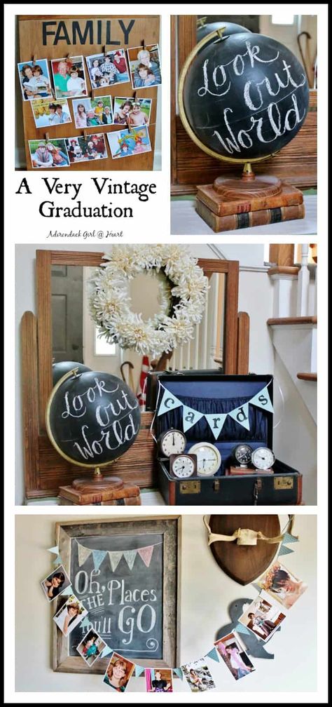 A Very Vintage Graduation Party • Adirondack Girl @ Heart Adventure Graduation Party, Travel Theme Graduation Party, Travel Graduation Party, Travel Graduation Party Ideas, Vintage Graduation Party Ideas, Chic Graduation Party, Vintage Graduation Party, Graduation Vintage, Vintage Decorating Ideas