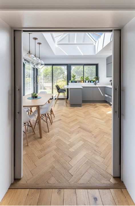 Scandinavian Herringbone Floor, Parquetry Flooring Kitchen, Two Different Wood Floors Transitioning Living Room, Oak Parquet Flooring Kitchen, Modern Herringbone Floor, Parquet Flooring Kitchen Modern, Herringbone And Straight Wood Floor, Modern Kitchen Herringbone Floor, Natural Oak Herringbone Floor