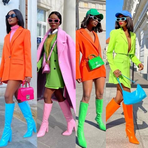 Neon Color Block Outfit, Vibrant Color Outfit, Bright Colour Outfit, Complementary Colors Fashion, Fall Fashion Edgy, Outfit Ideas Red, Colorful Outfit Ideas, Bright Colors Fashion, Petite Style Outfits