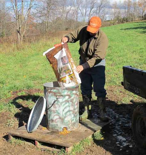 Jeff Neal's inexpensive deer feeder will last for several years and hold about 250 pounds of food. (DDH Photo: Alan Clemons) Deer Feeder Diy, Deer Feed, Food Plots For Deer, Deer Food, Deer Feeders, Deer Blind, Hunting Diy, Deer Hunting Tips, Quail Hunting