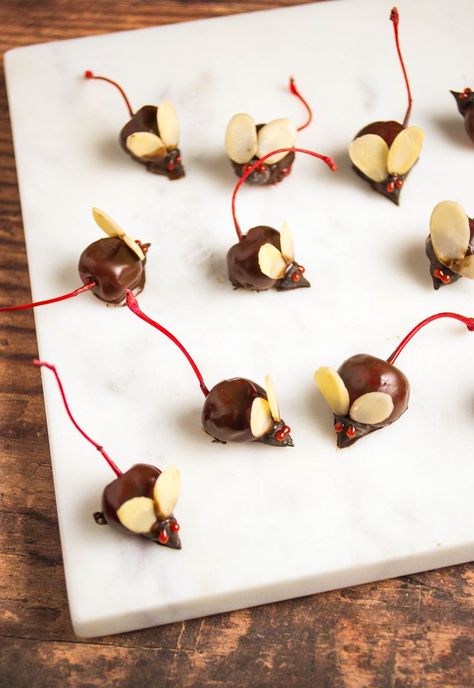 Chocolate-Covered Cherry Mice Mice Themed Food, Strawberry Mice Snack, Chocolate Covered Cherry Mice, Christmas Mice Candy, Cherry Mice, Christmas Mice Candy Chocolate Mouse, Chocolate Mice, Chocolate Dipped Cherries, Mouse Recipes