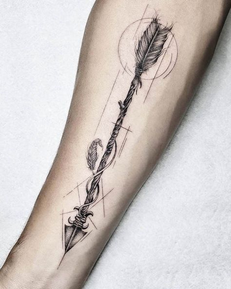 Tattoo Ideas Bow And Arrow, Arrow Tattoo Men Leg, Strength Arrow Tattoo, Masculine Arrow Tattoo, Native American Spine Tattoos For Women, Norse Arrow Tattoo, Couples Bow And Arrow Tattoo, Arrow Tattoo Men Forearm, Bow And Arrow Tattoo For Men